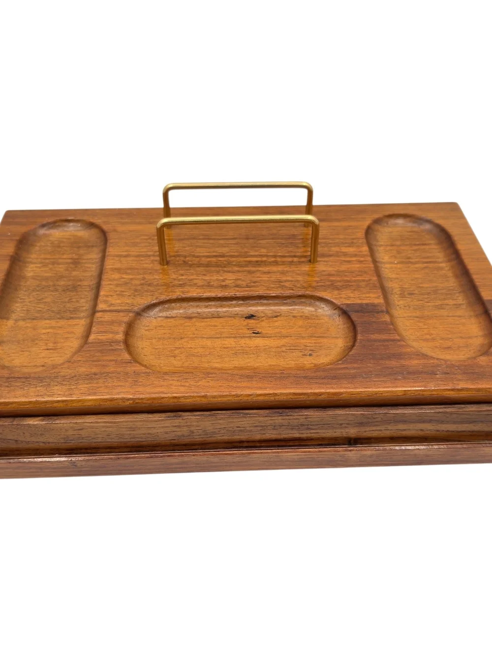 Vintage Wooden Jewelry Tray Mens  Valet with Red Velvet Interior and Gold Handle